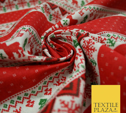 Fair Isle Reindeer Tree Christmas Zig Zag Stripe Printed Cotton Canvas Fabric