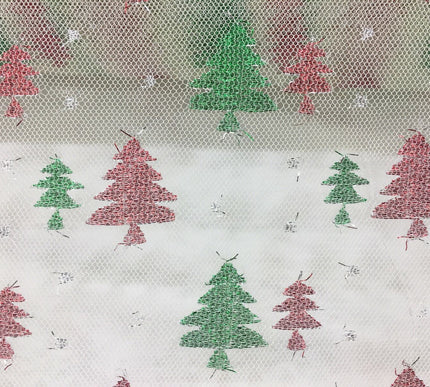 Christmas Tree Conifer Print Mesh Fabric 100% Polyester - Emerald Green Red 2317