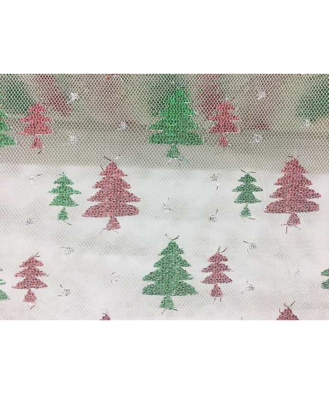 Christmas Tree Conifer Print Mesh Fabric 100% Polyester - Emerald Green Red 2317