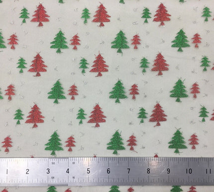 Christmas Tree Conifer Print Mesh Fabric 100% Polyester - Emerald Green Red 2317