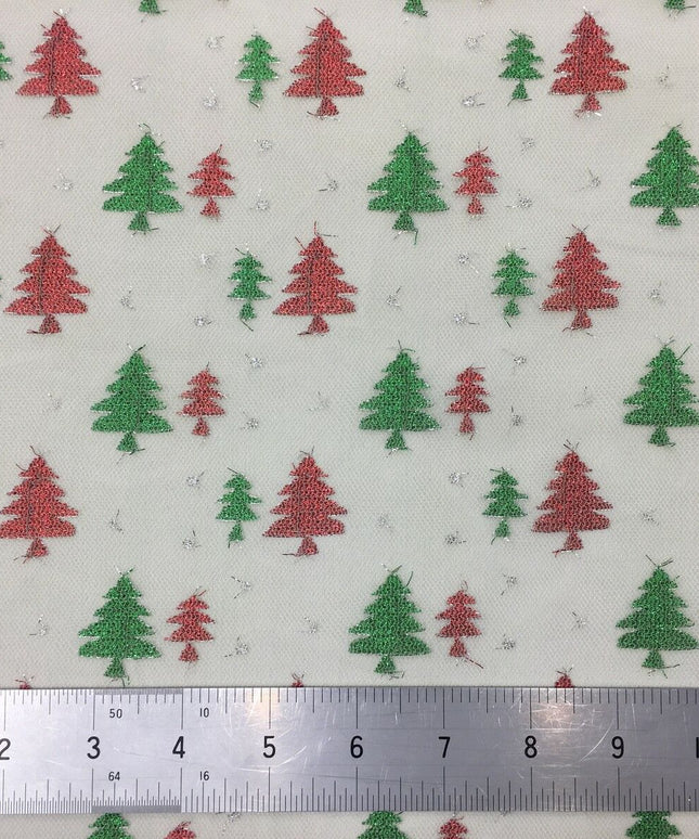 Christmas Tree Conifer Print Mesh Fabric 100% Polyester - Emerald Green Red 2317