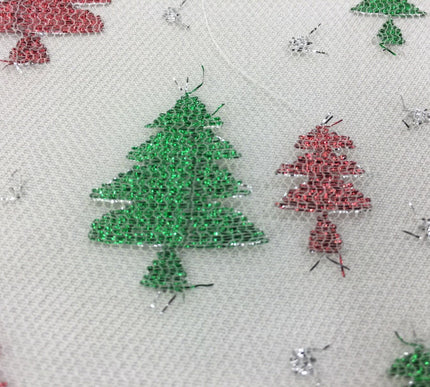 Christmas Tree Conifer Print Mesh Fabric 100% Polyester - Emerald Green Red 2317