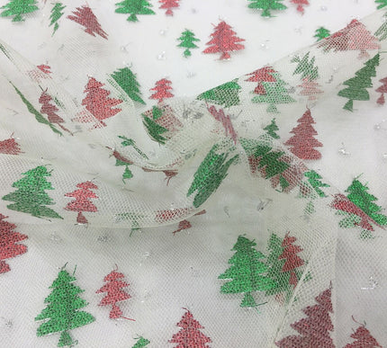 Christmas Tree Conifer Print Mesh Fabric 100% Polyester - Emerald Green Red 2317