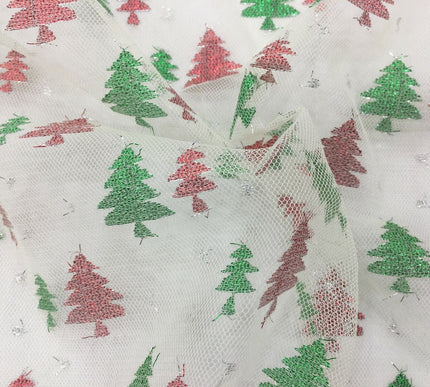 Christmas Tree Conifer Print Mesh Fabric 100% Polyester - Emerald Green Red 2317