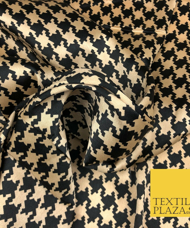 Gold Black Dogtooth Printed Satin Dress Fabric Silky Trendy Craft 56" A1030