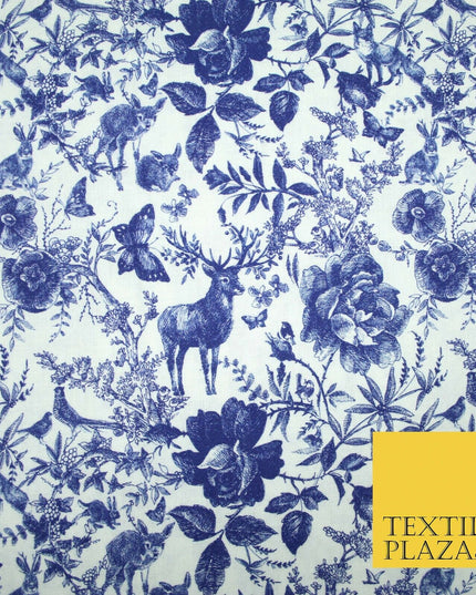 White Blue Ink Vintage Floral Forest Digital Print 100% Cotton Fabric 58" 4944