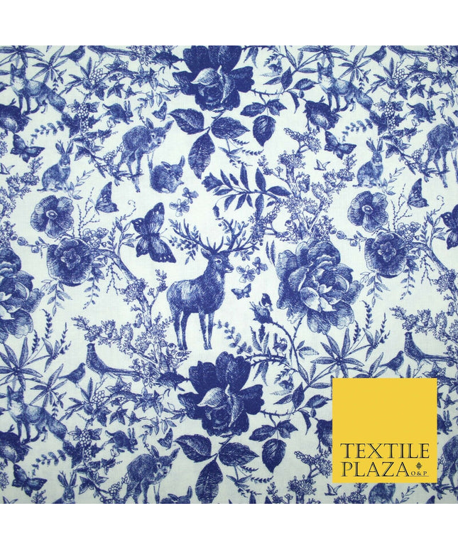 White Blue Ink Vintage Floral Forest Digital Print 100% Cotton Fabric 58" 4944