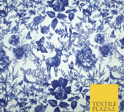 White Blue Ink Vintage Floral Forest Digital Print 100% Cotton Fabric 58" 4944