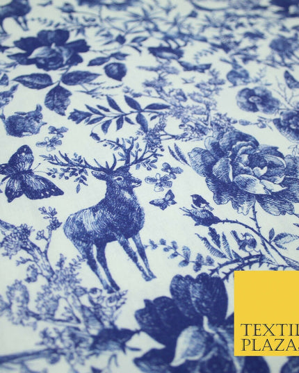 White Blue Ink Vintage Floral Forest Digital Print 100% Cotton Fabric 58" 4944
