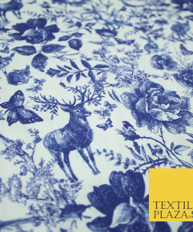 White Blue Ink Vintage Floral Forest Digital Print 100% Cotton Fabric 58" 4944