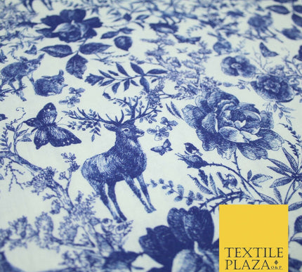 White Blue Ink Vintage Floral Forest Digital Print 100% Cotton Fabric 58" 4944