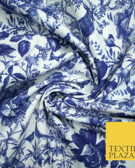 White Blue Ink Vintage Floral Forest Digital Print 100% Cotton Fabric 58" 4944