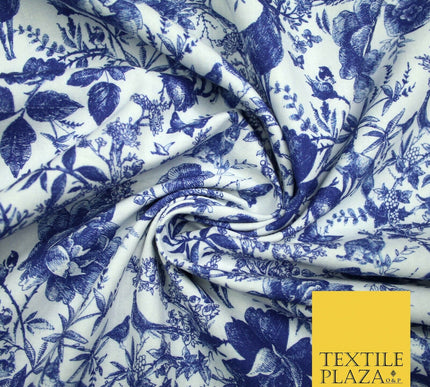 White Blue Ink Vintage Floral Forest Digital Print 100% Cotton Fabric 58" 4944