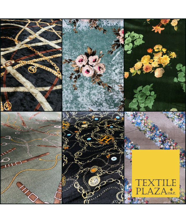 Various Floral Stripe Chains Hermes MK Printed Soft Stretch Velvet Dress Fabric