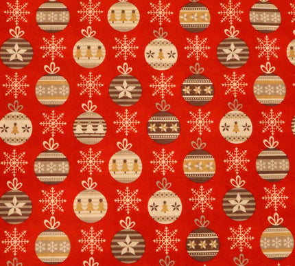 Christmas Snowflake & Baubles Fabric 100% Cotton - Per Metre Festive RED RF35