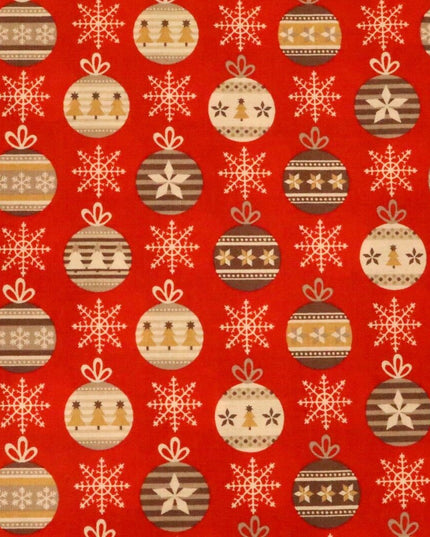 Christmas Snowflake & Baubles Fabric 100% Cotton - Per Metre Festive RED RF35