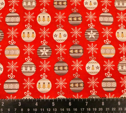 Christmas Snowflake & Baubles Fabric 100% Cotton - Per Metre Festive RED RF35