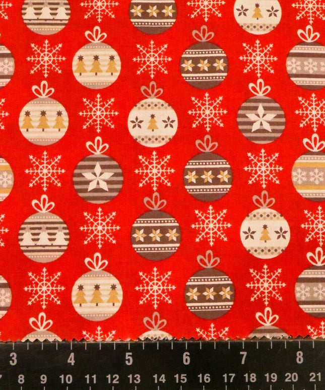 Christmas Snowflake & Baubles Fabric 100% Cotton - Per Metre Festive RED RF35