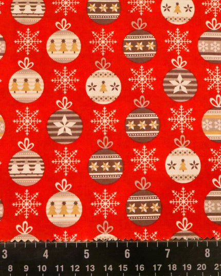 Christmas Snowflake & Baubles Fabric 100% Cotton - Per Metre Festive RED RF35