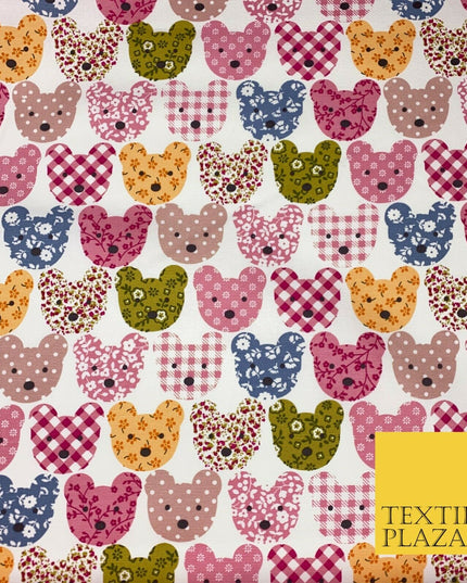 PINK Teddy Bear Patchwork 100% COTTON CANVAS Printed Fabric Craft 58" 1712