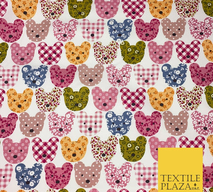 PINK Teddy Bear Patchwork 100% COTTON CANVAS Printed Fabric Craft 58" 1712