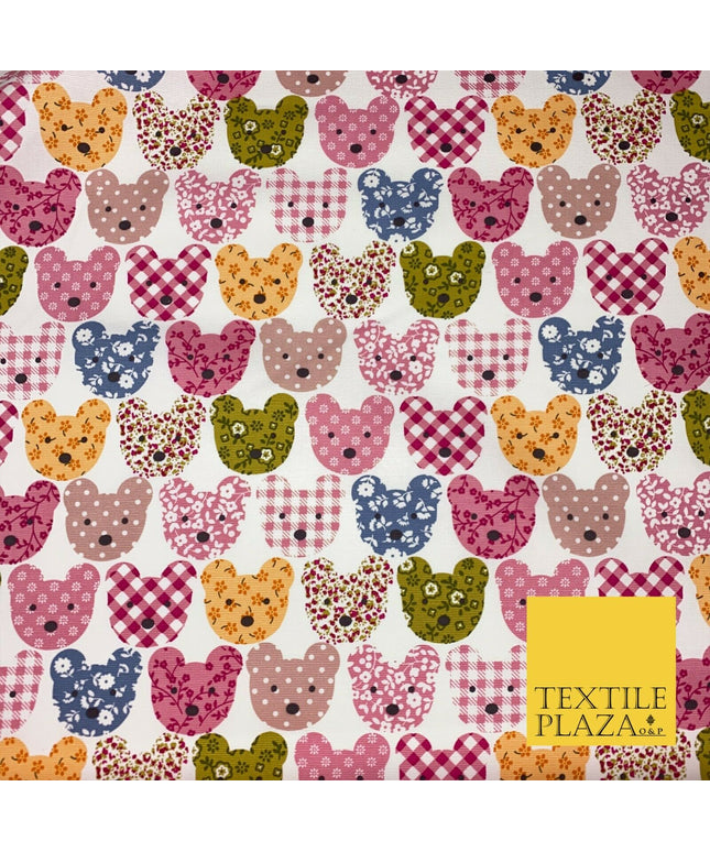PINK Teddy Bear Patchwork 100% COTTON CANVAS Printed Fabric Craft 58" 1712