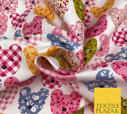 PINK Teddy Bear Patchwork 100% COTTON CANVAS Printed Fabric Craft 58" 1712