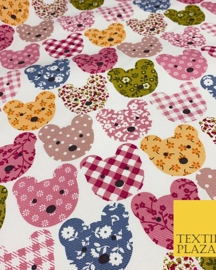 PINK Teddy Bear Patchwork 100% COTTON CANVAS Printed Fabric Craft 58" 1712