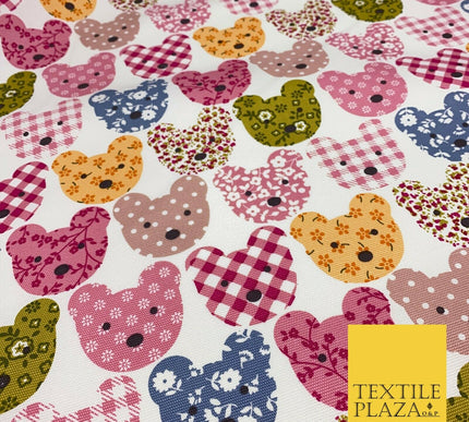 PINK Teddy Bear Patchwork 100% COTTON CANVAS Printed Fabric Craft 58" 1712