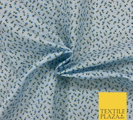 Sky Blue Ditsy Small Floral Print Fabric 100% Cotton Flower Dress Craft RB357