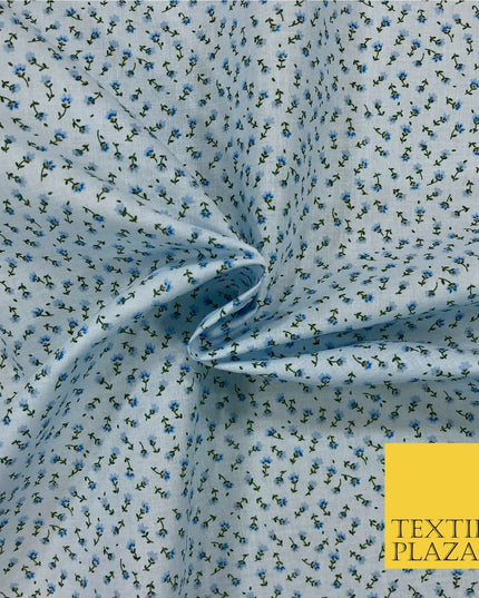 Sky Blue Ditsy Small Floral Print Fabric 100% Cotton Flower Dress Craft RB357