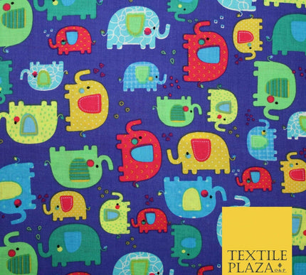 Royal Blue Colourful Trendy Elephants Printed 100% COTTON Fabric 58" Wide 4991