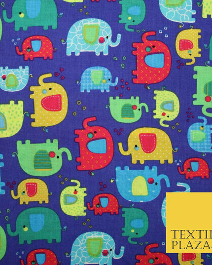 Royal Blue Colourful Trendy Elephants Printed 100% COTTON Fabric 58" Wide 4991