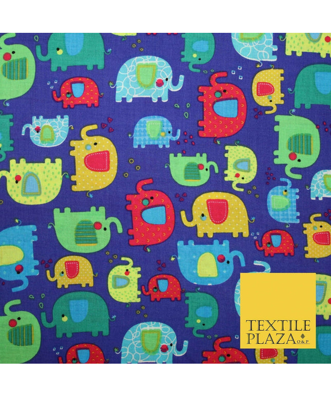 Royal Blue Colourful Trendy Elephants Printed 100% COTTON Fabric 58" Wide 4991