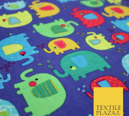 Royal Blue Colourful Trendy Elephants Printed 100% COTTON Fabric 58" Wide 4991