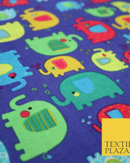 Royal Blue Colourful Trendy Elephants Printed 100% COTTON Fabric 58" Wide 4991