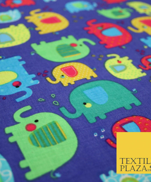 Royal Blue Colourful Trendy Elephants Printed 100% COTTON Fabric 58" Wide 4991