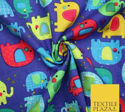 Royal Blue Colourful Trendy Elephants Printed 100% COTTON Fabric 58" Wide 4991