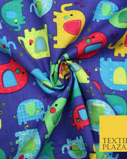 Royal Blue Colourful Trendy Elephants Printed 100% COTTON Fabric 58" Wide 4991