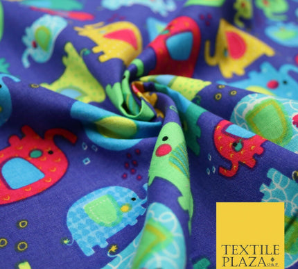 Royal Blue Colourful Trendy Elephants Printed 100% COTTON Fabric 58" Wide 4991