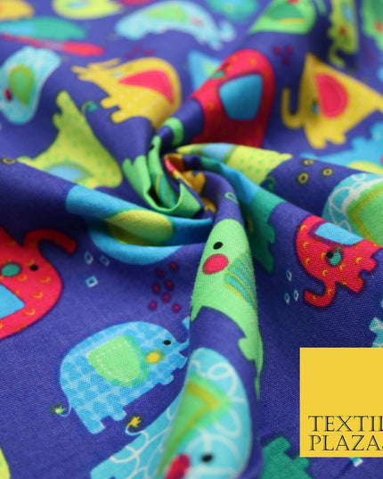 Royal Blue Colourful Trendy Elephants Printed 100% COTTON Fabric 58" Wide 4991