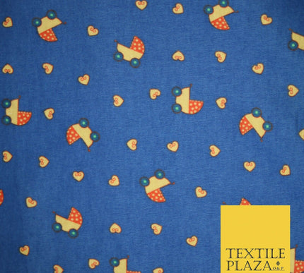 Blue Baby Pram Hearts Winceyette Super Soft Brushed Cotton Print Fabric 43" 4954