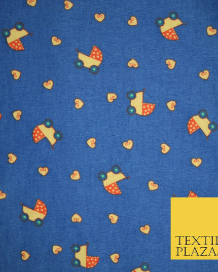 Blue Baby Pram Hearts Winceyette Super Soft Brushed Cotton Print Fabric 43" 4954