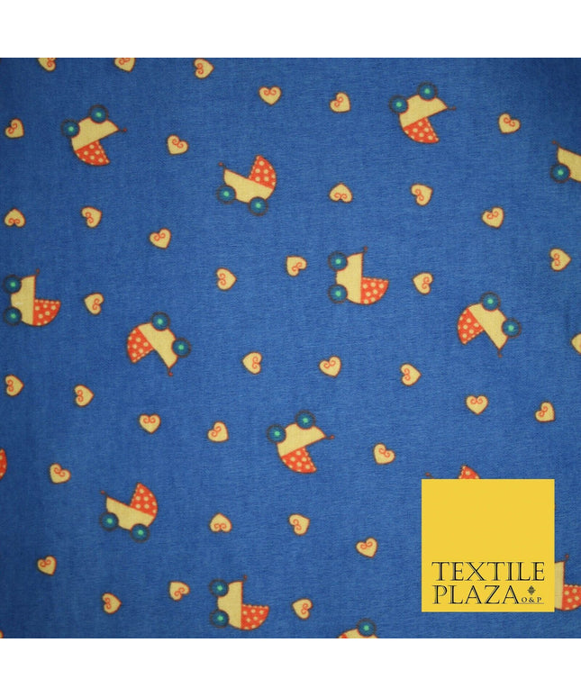 Blue Baby Pram Hearts Winceyette Super Soft Brushed Cotton Print Fabric 43" 4954