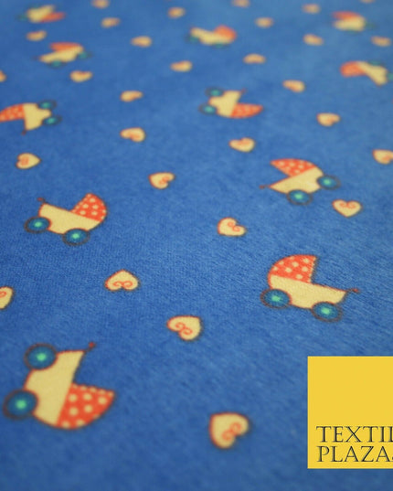 Blue Baby Pram Hearts Winceyette Super Soft Brushed Cotton Print Fabric 43" 4954