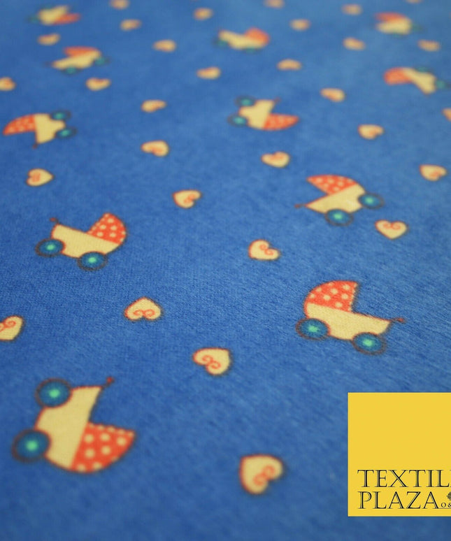 Blue Baby Pram Hearts Winceyette Super Soft Brushed Cotton Print Fabric 43" 4954