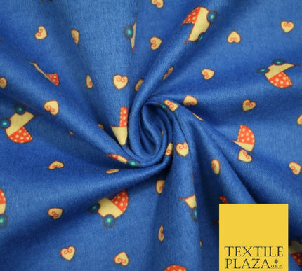 Blue Baby Pram Hearts Winceyette Super Soft Brushed Cotton Print Fabric 43" 4954
