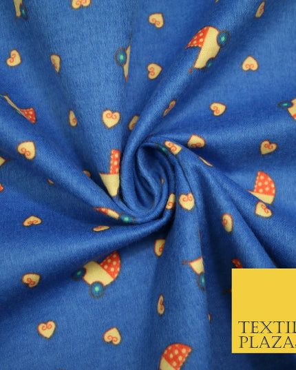 Blue Baby Pram Hearts Winceyette Super Soft Brushed Cotton Print Fabric 43" 4954