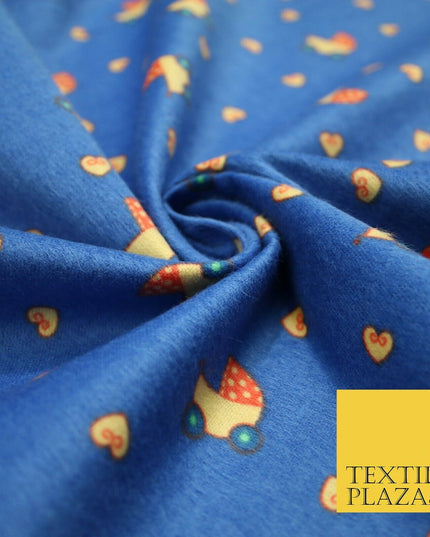 Blue Baby Pram Hearts Winceyette Super Soft Brushed Cotton Print Fabric 43" 4954