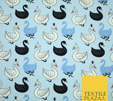 Light Blue Elegant Swan Birds Printed Soft Cotton Jersey Stretch Fabric 59" 4980